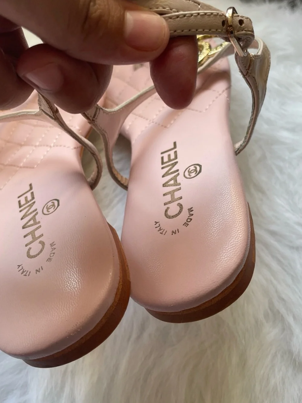 CHANEL Pink Quilted T-Strap Sandals with Gold CC Emblem